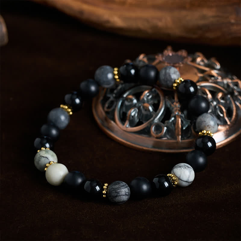 Buddha Stones Pulsera con cuentas de jaspe gris y obsidiana negra esmerilada - image 1