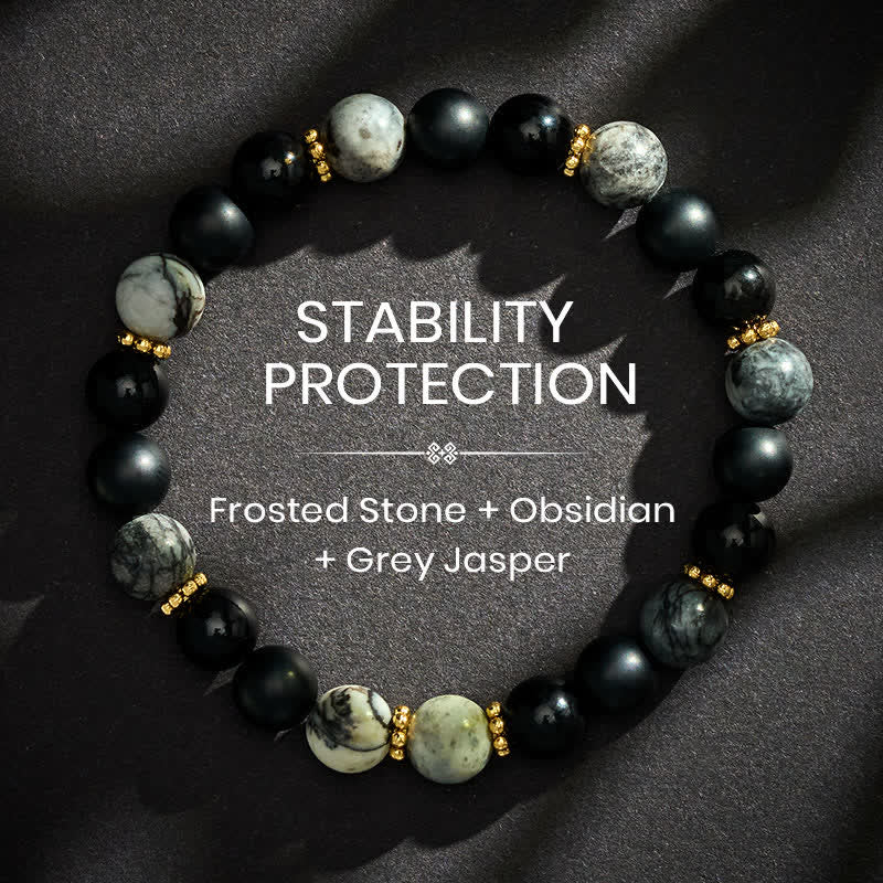Buddha Stones Pulsera con cuentas de jaspe gris y obsidiana negra esmerilada - 8 mm - image 0
