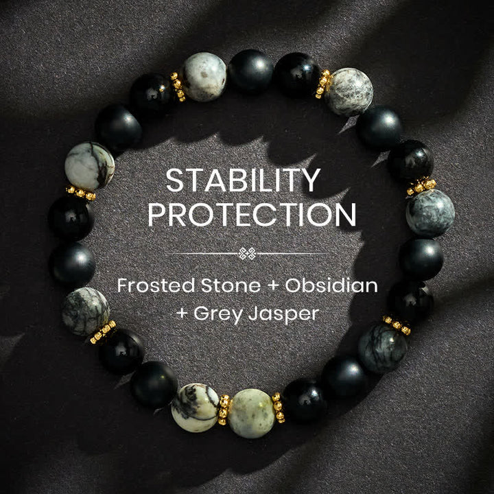 Buddha Stones Pulsera con cuentas de jaspe gris y obsidiana negra esmerilada - 8 mm - image 0