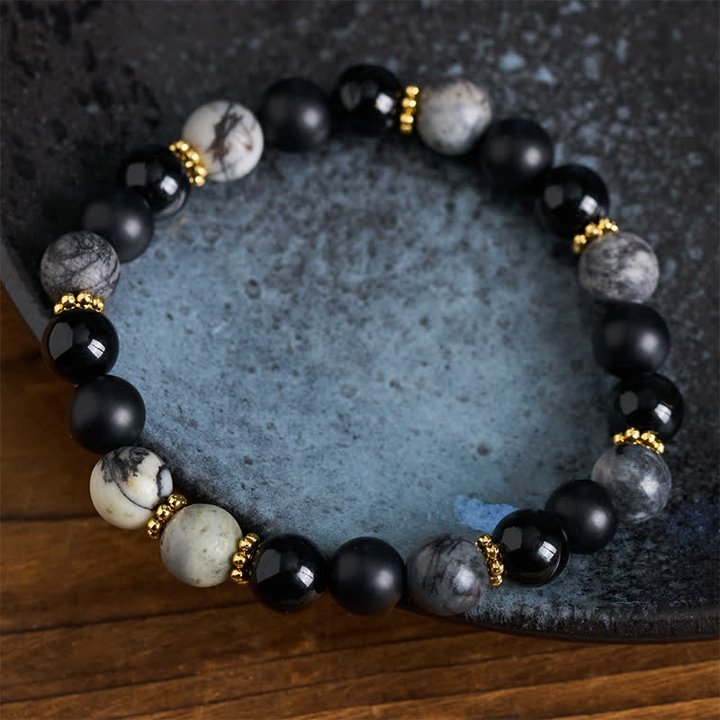 Buddha Stones Pulsera con cuentas de jaspe gris y obsidiana negra esmerilada - image 2