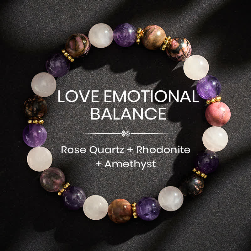 Buddha Stones Pulsera de la paz con cuentas de cuarzo rosa, rodonita y amatista - 8 mm - image 0