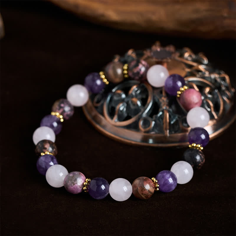 Buddha Stones Pulsera de la paz con cuentas de cuarzo rosa, rodonita y amatista - image 1