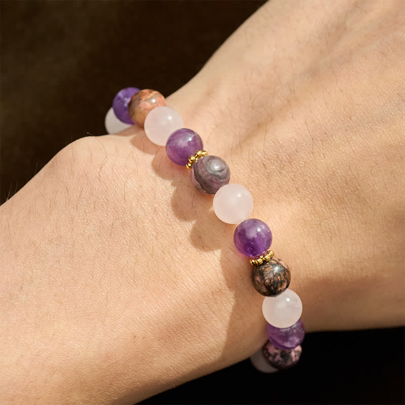 Buddha Stones Pulsera de la paz con cuentas de cuarzo rosa, rodonita y amatista - image 4