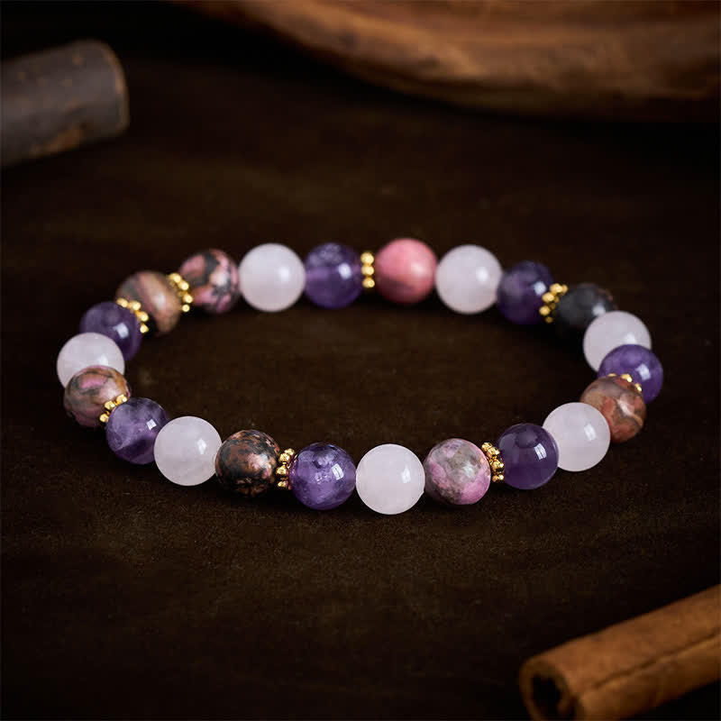 Buddha Stones Pulsera de la paz con cuentas de cuarzo rosa, rodonita y amatista - image 2