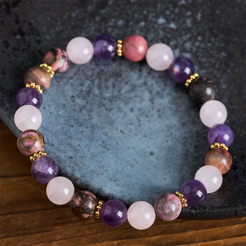 Buddha Stones Pulsera de la paz con cuentas de cuarzo rosa, rodonita y amatista - image 3