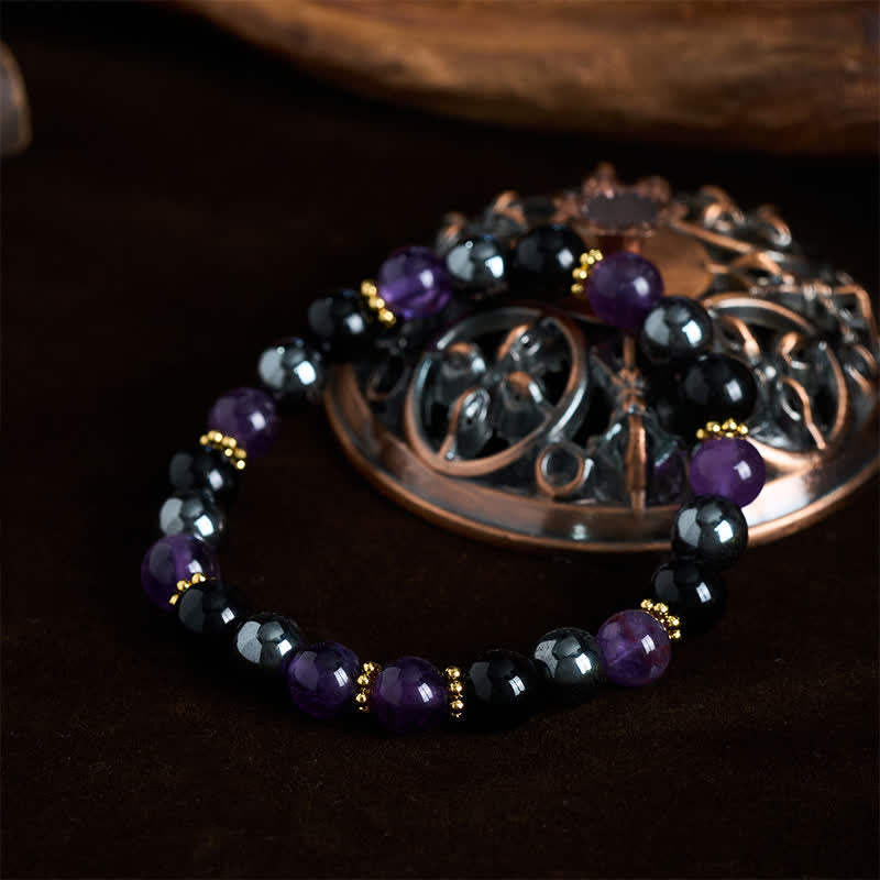 Buddha Stones Pulsera de meditación con cuentas de amatista, obsidiana negra y hematita - image 1