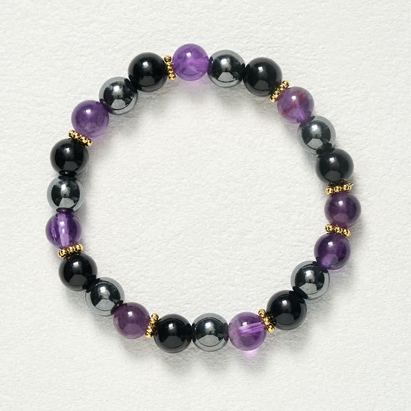 Buddha Stones Pulsera de meditación con cuentas de amatista, obsidiana negra y hematita - image 9