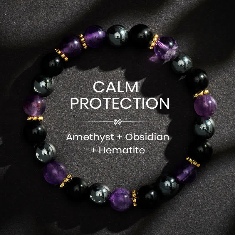 Buddha Stones Pulsera de meditación con cuentas de amatista, obsidiana negra y hematita - 8 mm - image 0
