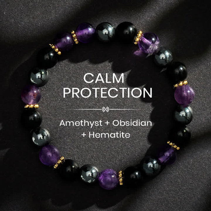 Buddha Stones Pulsera de meditación con cuentas de amatista, obsidiana negra y hematita - 8 mm - image 0