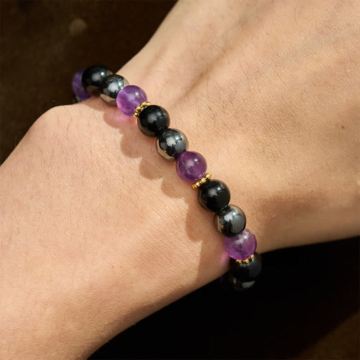 Buddha Stones Pulsera de meditación con cuentas de amatista, obsidiana negra y hematita - image 4