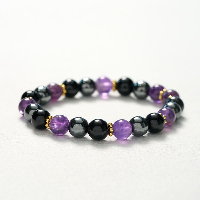 Buddha Stones Pulsera de meditación con cuentas de amatista, obsidiana negra y hematita - image 10