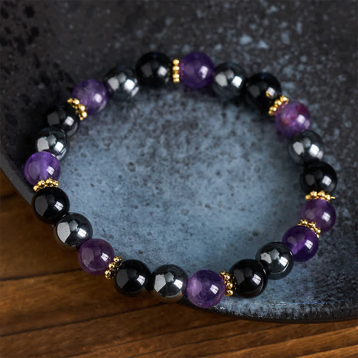 Buddha Stones Pulsera de meditación con cuentas de amatista, obsidiana negra y hematita - image 3