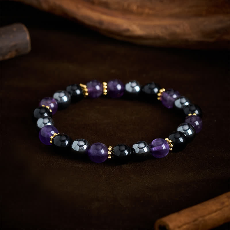 Buddha Stones Pulsera de meditación con cuentas de amatista, obsidiana negra y hematita - image 2