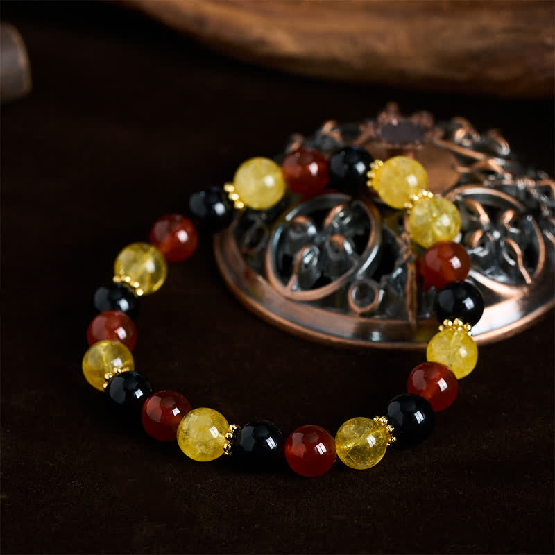 Buddha Stones Pulsera de generosidad con cuentas de citrino rojo, ágata y obsidiana negra - image 1