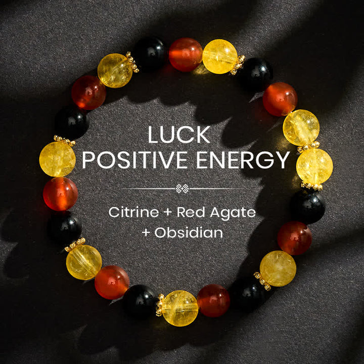 Buddha Stones Pulsera de generosidad con cuentas de citrino rojo, ágata y obsidiana negra - 8 mm - image 0