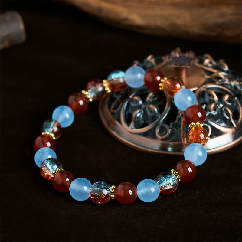 Buddha Stones Pulsera creativa de cuentas de calcedonia azul y ágata roja Liuli - image 1