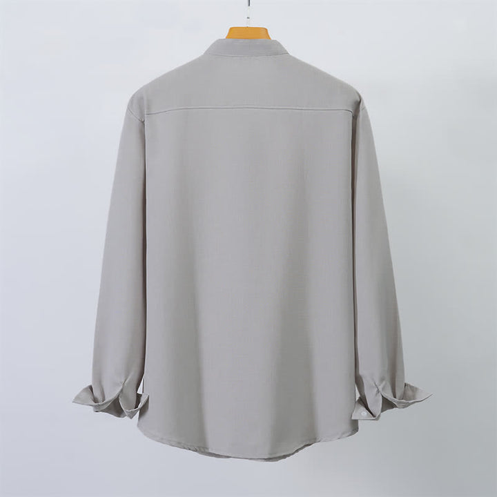 Buddha Stones Camisas de manga larga para hombre, estilo casual, con cuello mandarín y botones, de color liso, estilo otoño Tang. - image 9