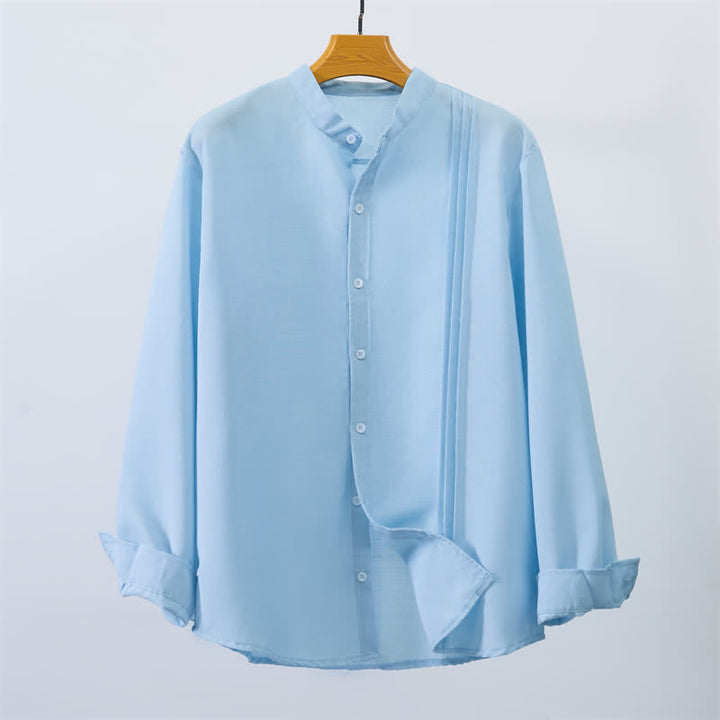 Buddha Stones Camisas de manga larga para hombre, estilo casual, con cuello mandarín y botones, de color liso, estilo otoño Tang. - Azul claro - US/UK/AU40, EU50 (2XL) - image 0