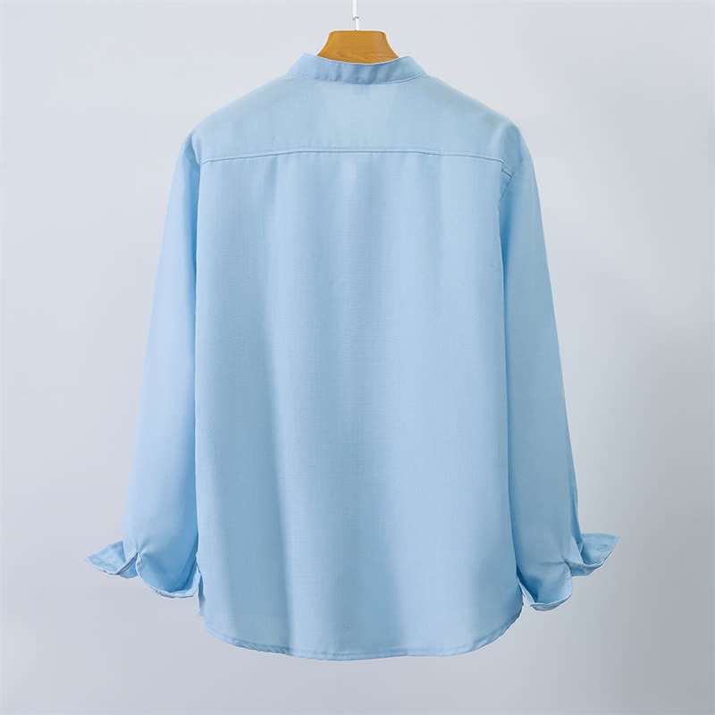 Buddha Stones Camisas de manga larga para hombre, estilo casual, con cuello mandarín y botones, de color liso, estilo otoño Tang. - image 1