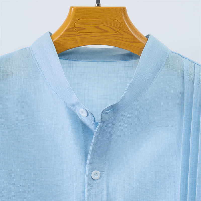 Buddha Stones Camisas de manga larga para hombre, estilo casual, con cuello mandarín y botones, de color liso, estilo otoño Tang. - image 2