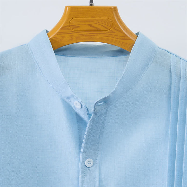 Buddha Stones Camisas de manga larga para hombre, estilo casual, con cuello mandarín y botones, de color liso, estilo otoño Tang. - image 2