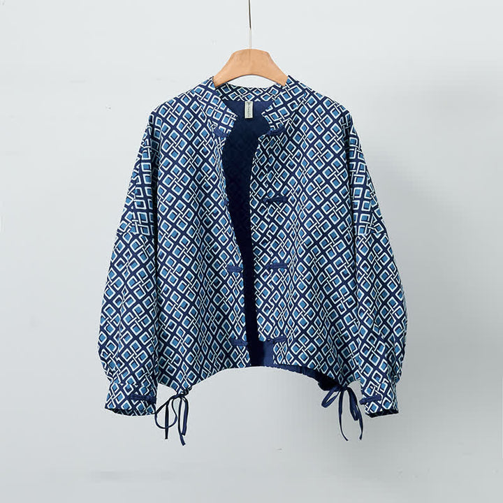 Buddha Stones Chaquetas de mujer de estilo bohemio informal con cordón ajustable y estampado geométrico para primavera - Marina de guerra - US12, UK/AU16, EU44 (XL) - image 0