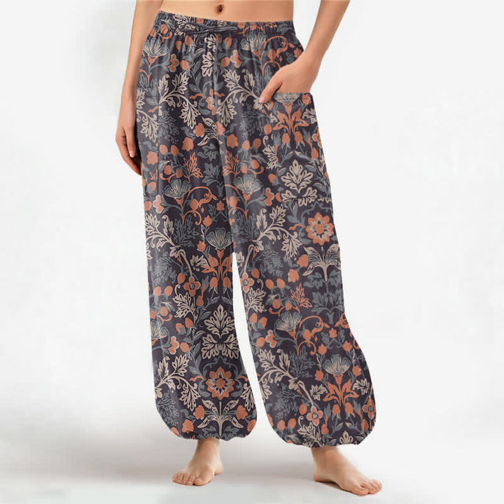 Buddha Stones Pantalones harem de algodón con estampado floral paisley vintage para mujer, cintura elástica y bolsillos laterales. - Marrón silla de montar - US16，UK/AU20，EU48 (3XL) - image 0