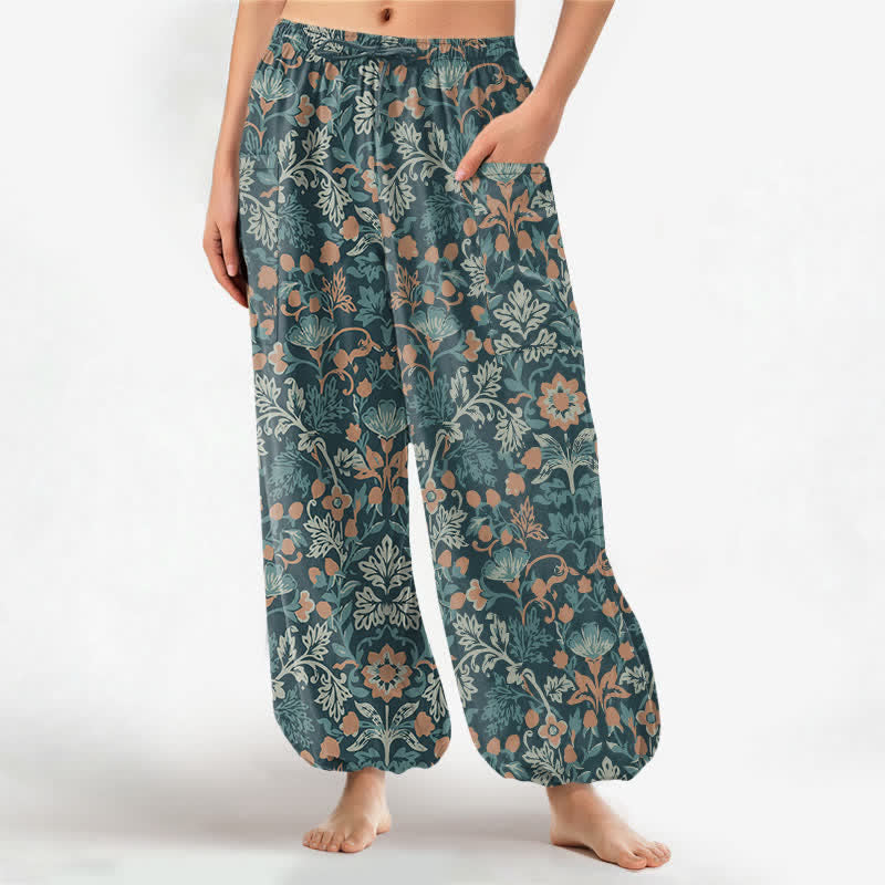 Buddha Stones Pantalones harem de algodón con estampado floral paisley vintage para mujer, cintura elástica y bolsillos laterales. - Verde azulado - US16，UK/AU20，EU48 (3XL) - image 7