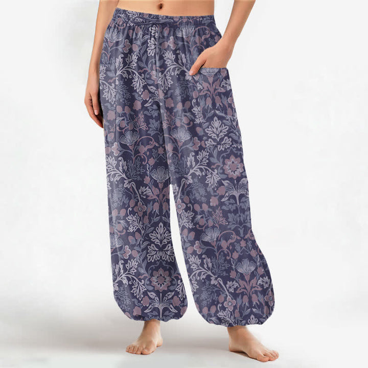 Buddha Stones Pantalones harem de algodón con estampado floral paisley vintage para mujer, cintura elástica y bolsillos laterales. - Índigo - US16，UK/AU20，EU48 (3XL) - image 10