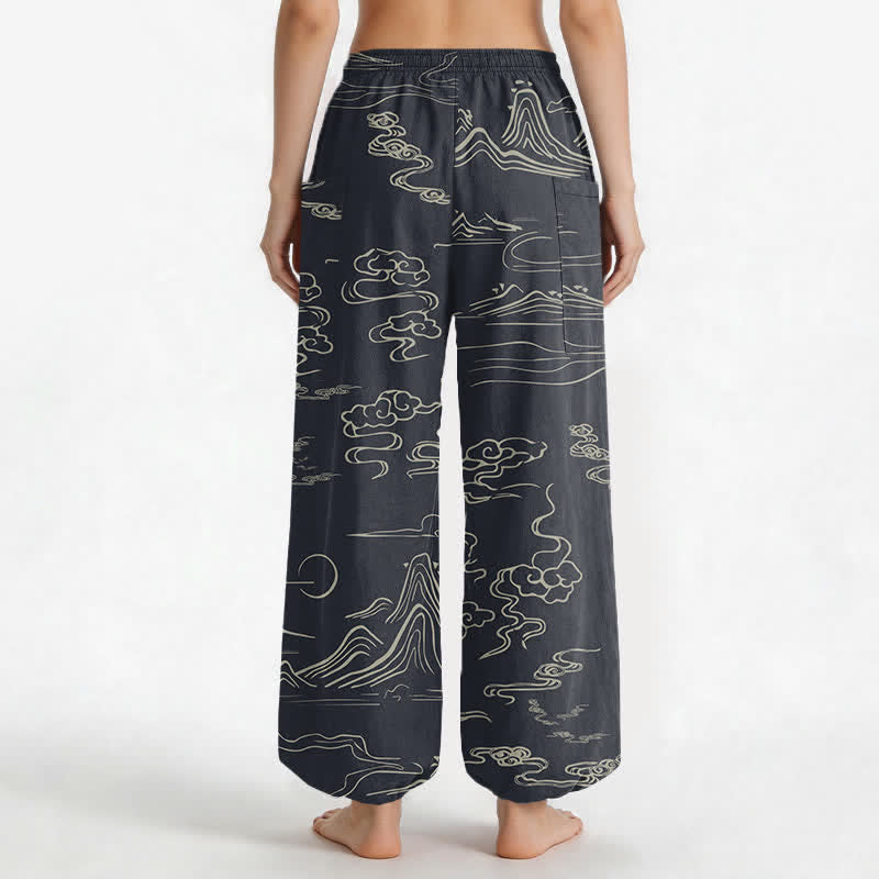 Buddha Stones Pantalones harem de algodón con estampado de nubes y montañas orientales para mujer, cintura elástica y bolsillos laterales. - image 2