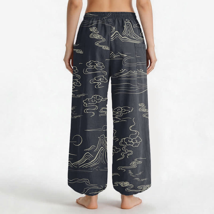 Buddha Stones Pantalones harem de algodón con estampado de nubes y montañas orientales para mujer, cintura elástica y bolsillos laterales. - image 2