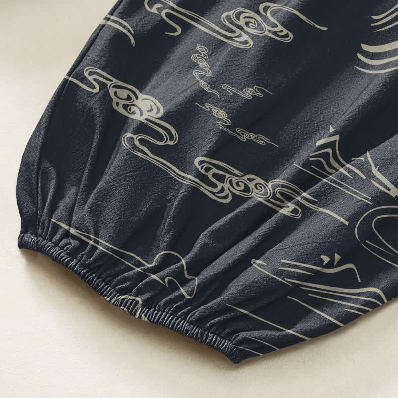 Buddha Stones Pantalones harem de algodón con estampado de nubes y montañas orientales para mujer, cintura elástica y bolsillos laterales. - image 6