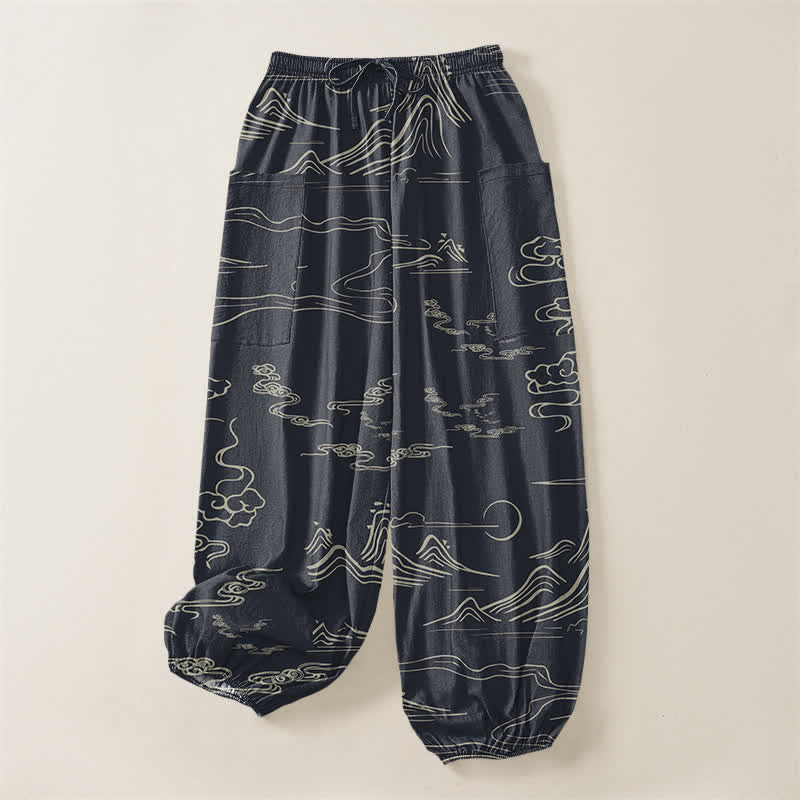 Buddha Stones Pantalones harem de algodón con estampado de nubes y montañas orientales para mujer, cintura elástica y bolsillos laterales. - image 4