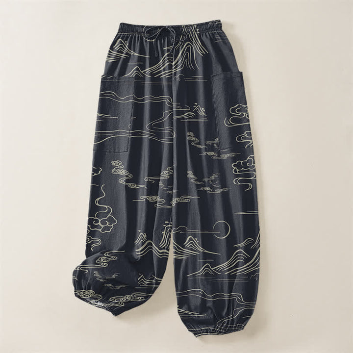 Buddha Stones Pantalones harem de algodón con estampado de nubes y montañas orientales para mujer, cintura elástica y bolsillos laterales. - image 4