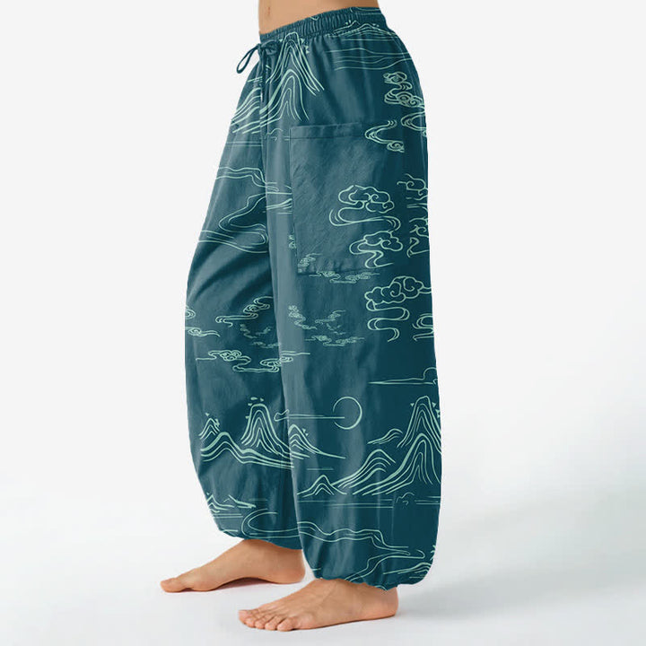 Buddha Stones Pantalones harem de algodón con estampado de nubes y montañas orientales para mujer, cintura elástica y bolsillos laterales. - image 8
