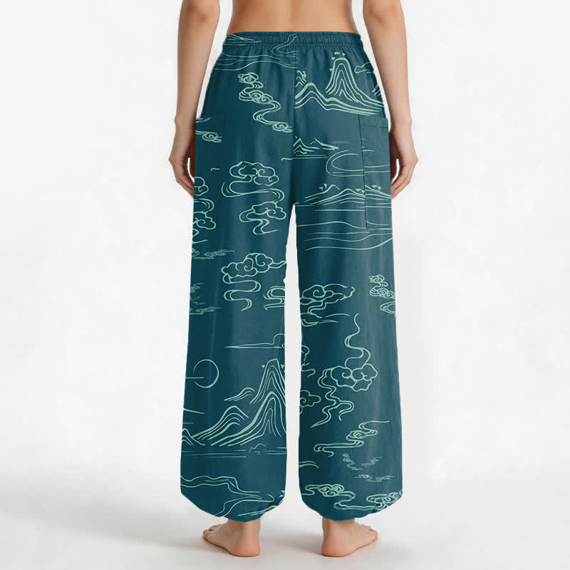Buddha Stones Pantalones harem de algodón con estampado de nubes y montañas orientales para mujer, cintura elástica y bolsillos laterales. - image 9