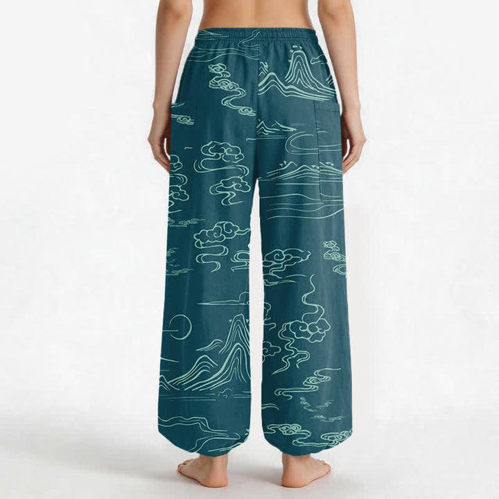 Buddha Stones Pantalones harem de algodón con estampado de nubes y montañas orientales para mujer, cintura elástica y bolsillos laterales. - image 9