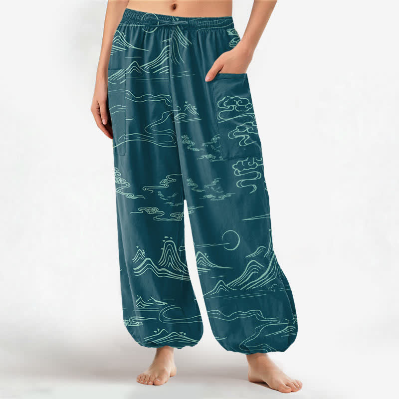 Buddha Stones Pantalones harem de algodón con estampado de nubes y montañas orientales para mujer, cintura elástica y bolsillos laterales. - Verde azulado - US16，UK/AU20，EU48 (3XL) - image 7