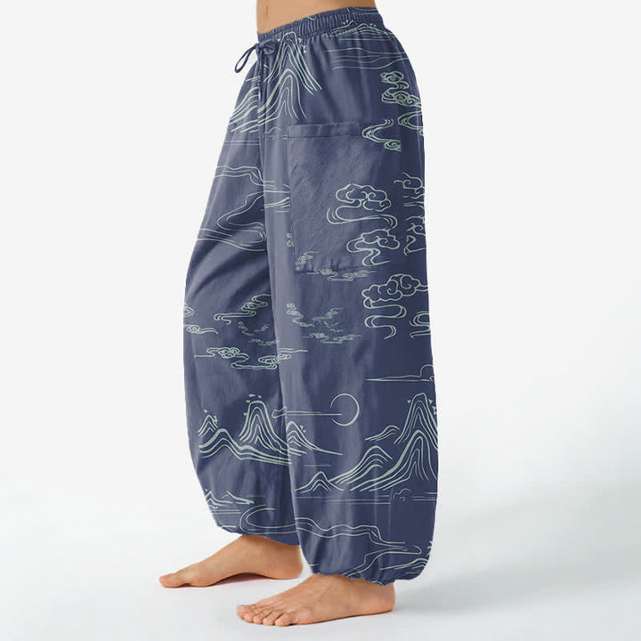 Buddha Stones Pantalones harem de algodón con estampado de nubes y montañas orientales para mujer, cintura elástica y bolsillos laterales. - image 11