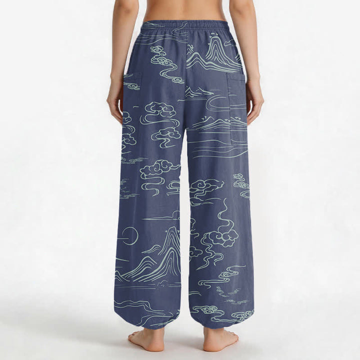 Buddha Stones Pantalones harem de algodón con estampado de nubes y montañas orientales para mujer, cintura elástica y bolsillos laterales. - image 12