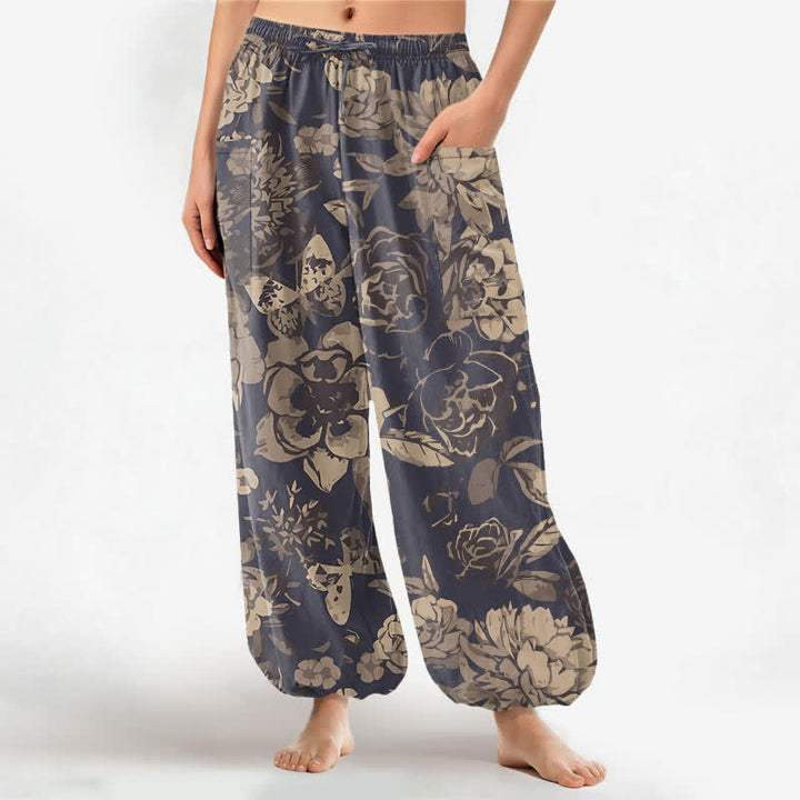 Buddha Stones Pantalones harem de algodón vintage con estampado floral de peonías y crisantemos para mujer, con cintura elástica y bolsillos laterales. - Azul pizarra oscuro - US16，UK/AU20，EU48 (3XL) - image 0