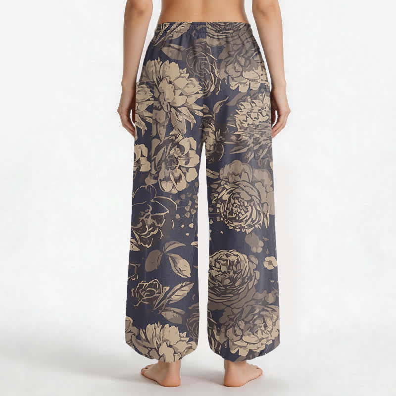 Buddha Stones Pantalones harem de algodón vintage con estampado floral de peonías y crisantemos para mujer, con cintura elástica y bolsillos laterales. - image 2