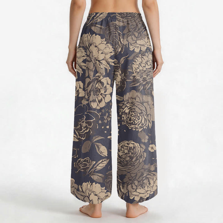 Buddha Stones Pantalones harem de algodón vintage con estampado floral de peonías y crisantemos para mujer, con cintura elástica y bolsillos laterales. - image 2