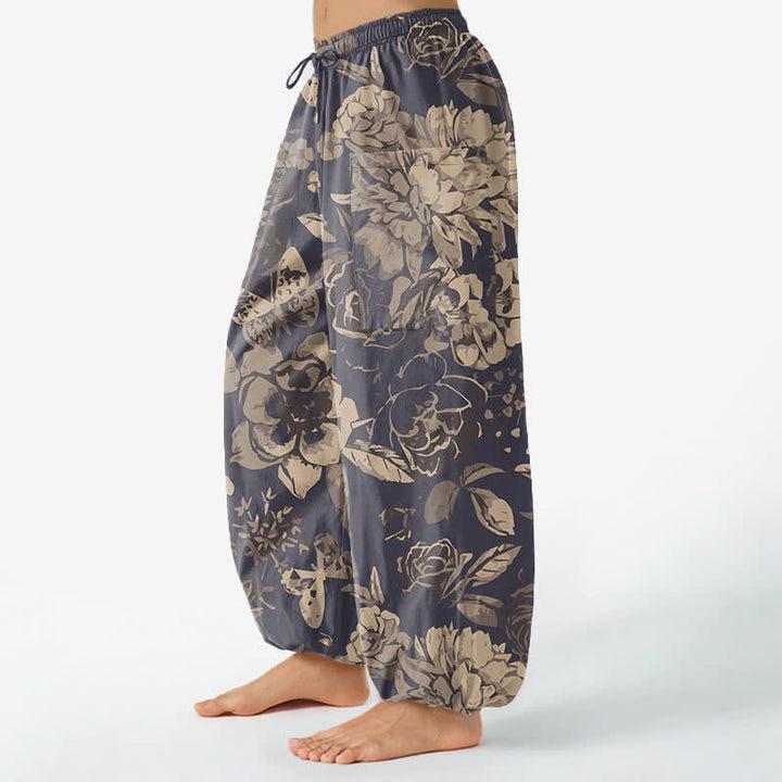 Buddha Stones Pantalones harem de algodón vintage con estampado floral de peonías y crisantemos para mujer, con cintura elástica y bolsillos laterales. - image 1