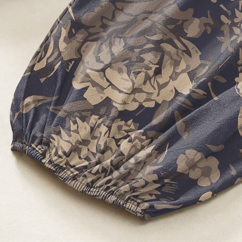 Buddha Stones Pantalones harem de algodón vintage con estampado floral de peonías y crisantemos para mujer, con cintura elástica y bolsillos laterales. - image 6