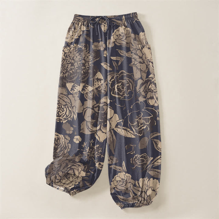 Buddha Stones Pantalones harem de algodón vintage con estampado floral de peonías y crisantemos para mujer, con cintura elástica y bolsillos laterales. - image 3