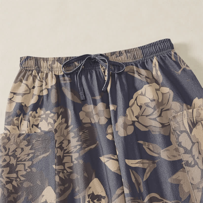Buddha Stones Pantalones harem de algodón vintage con estampado floral de peonías y crisantemos para mujer, con cintura elástica y bolsillos laterales. - image 5