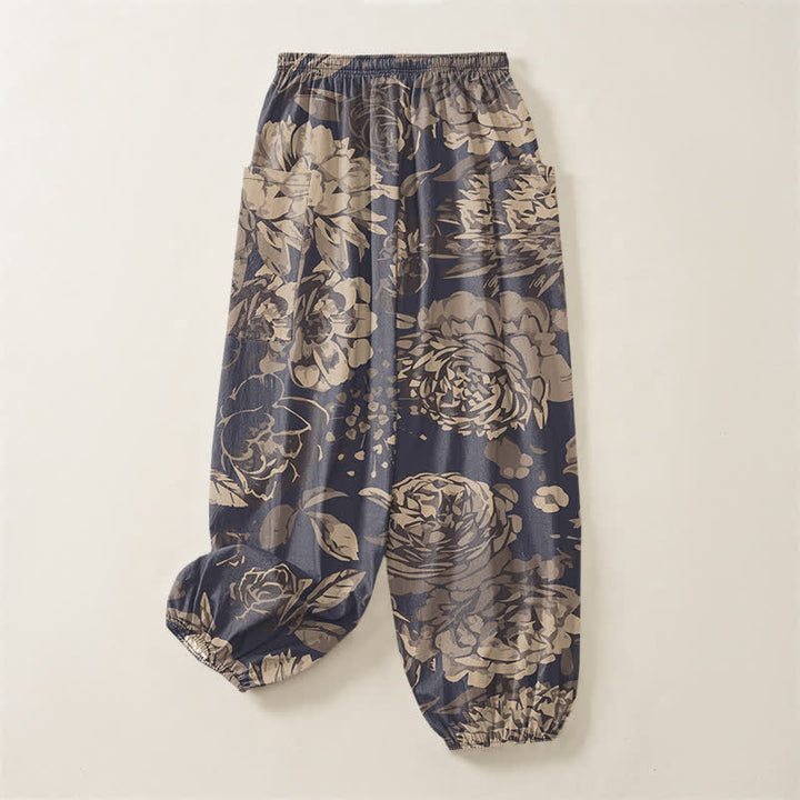Buddha Stones Pantalones harem de algodón vintage con estampado floral de peonías y crisantemos para mujer, con cintura elástica y bolsillos laterales. - image 4