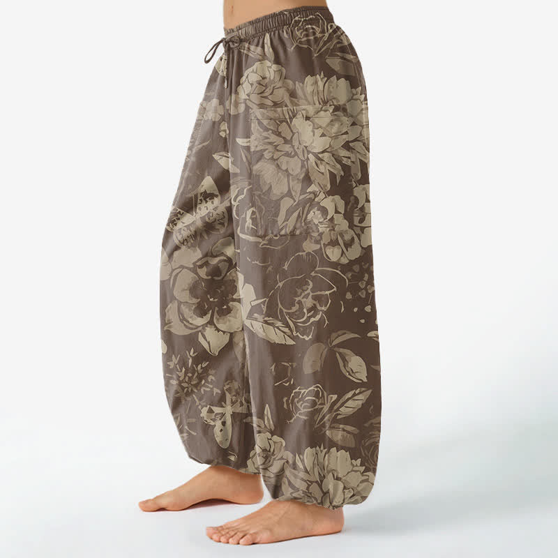 Buddha Stones Pantalones harem de algodón vintage con estampado floral de peonías y crisantemos para mujer, con cintura elástica y bolsillos laterales. - image 8