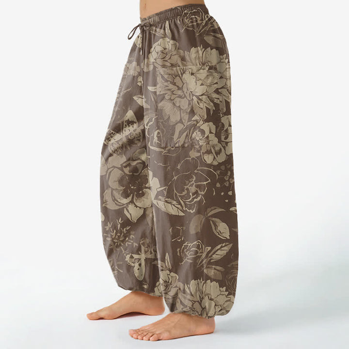 Buddha Stones Pantalones harem de algodón vintage con estampado floral de peonías y crisantemos para mujer, con cintura elástica y bolsillos laterales. - image 8